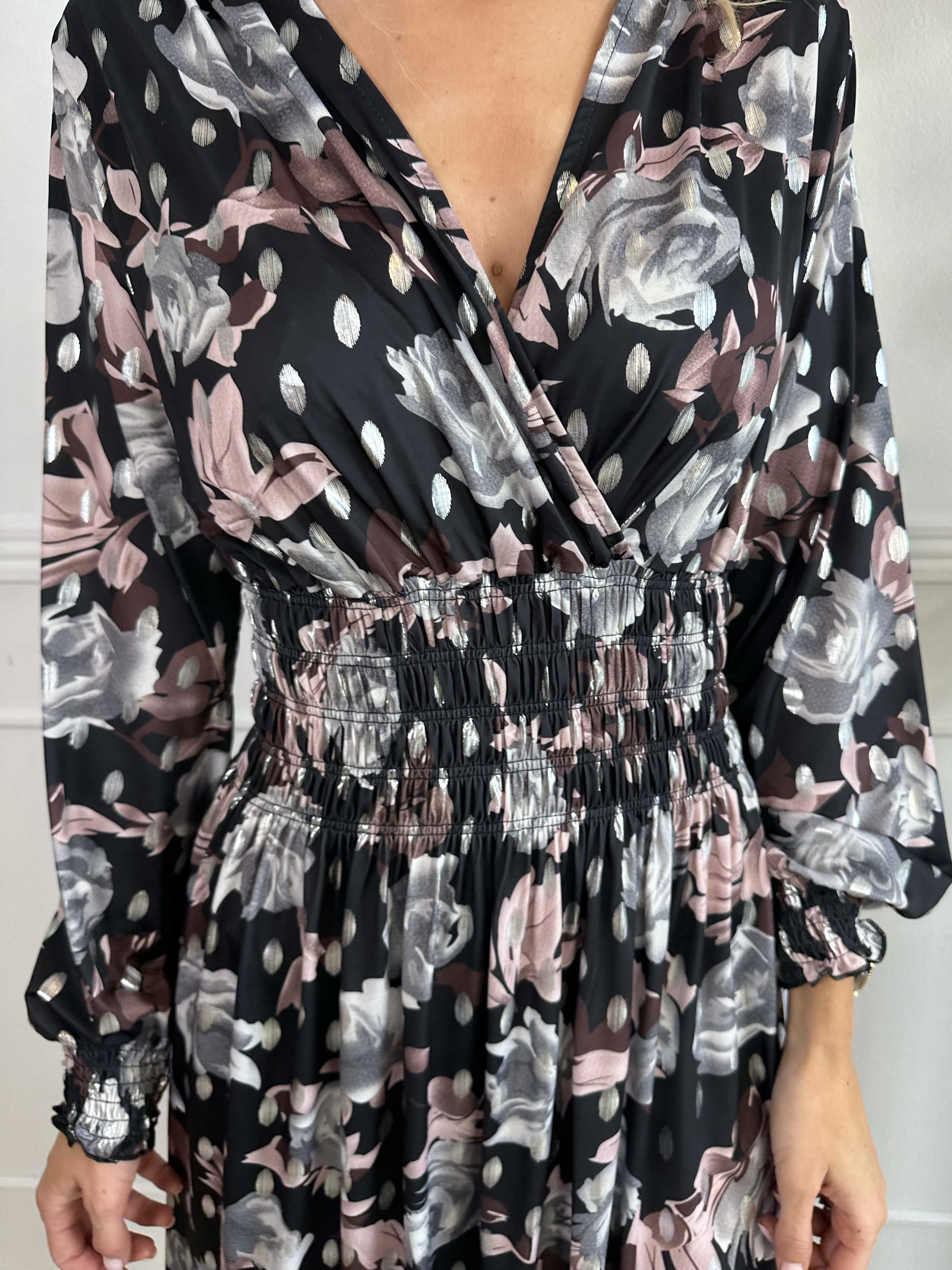 Pams Blossom Short L/S - Elastisk kjole i krølfrit stof med sølv detaljer